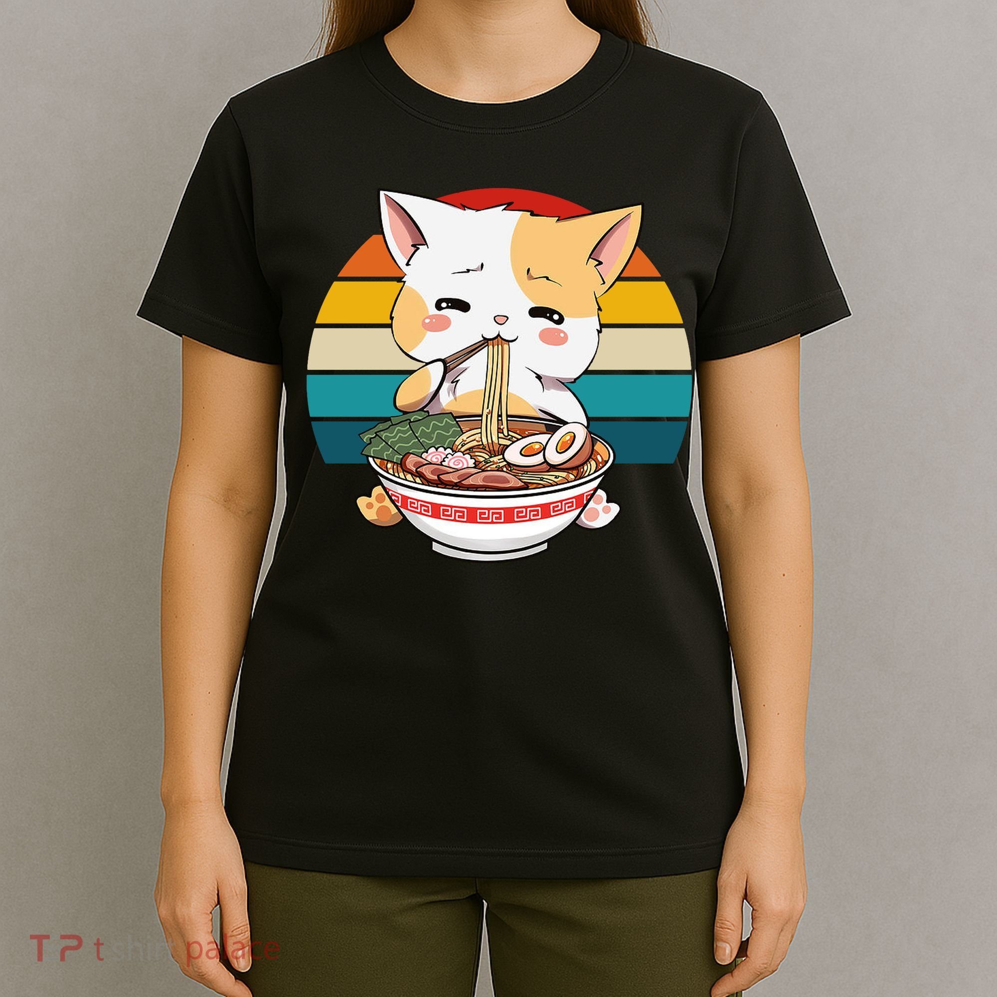 Kawaii Ramen Cat Retro Sunset T-Shirt