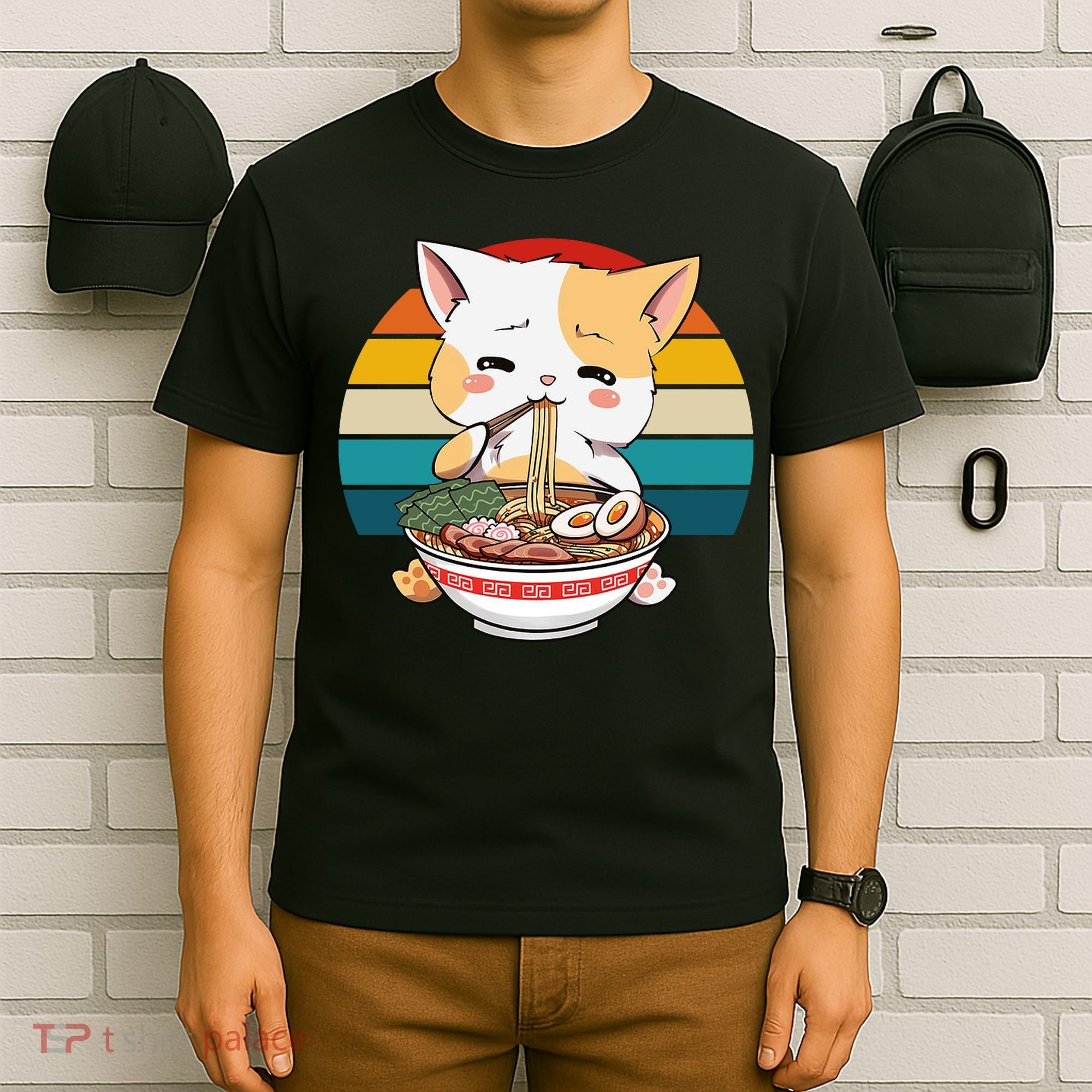 Kawaii Ramen Cat Retro Sunset T-Shirt