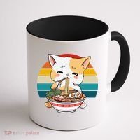 Kawaii Ramen Cat Retro Sunset Coffee Mug thumb 1