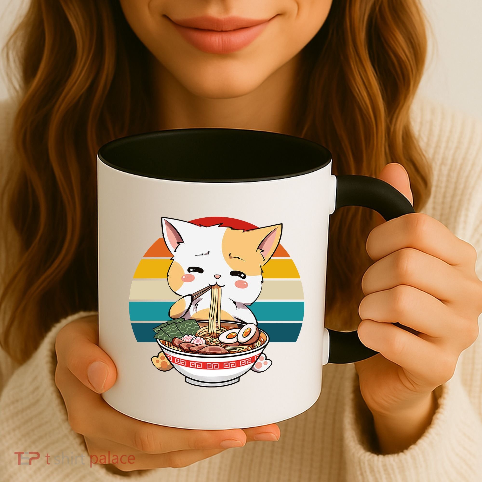 Kawaii Ramen Cat Retro Sunset Coffee Mug