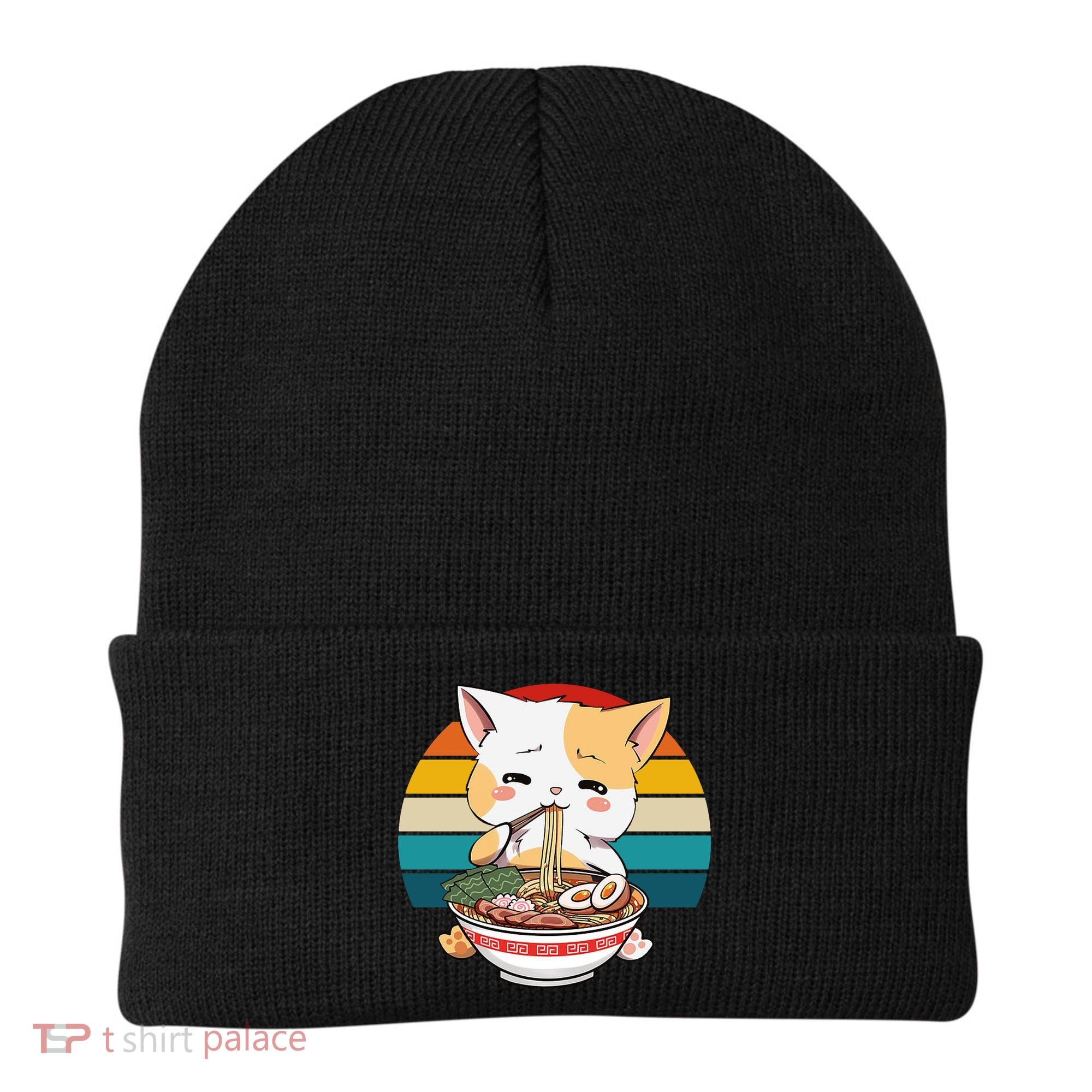 Kawaii Ramen Cat Retro Sunset Beanie