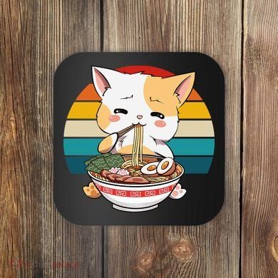 Kawaii Ramen Cat Retro Sunset Coaster