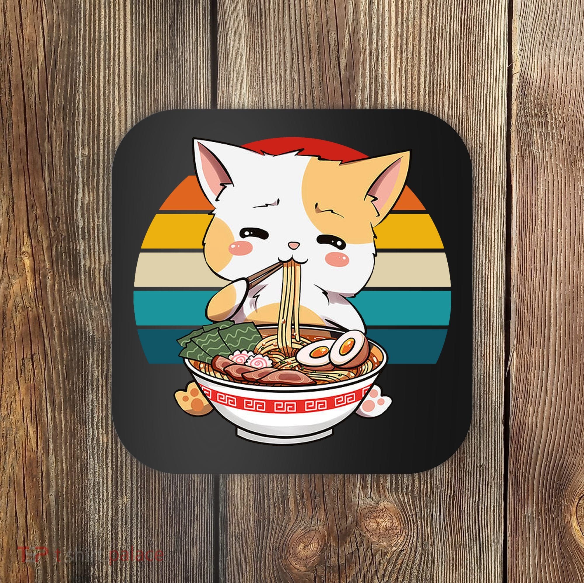Kawaii Ramen Cat Retro Sunset Coaster