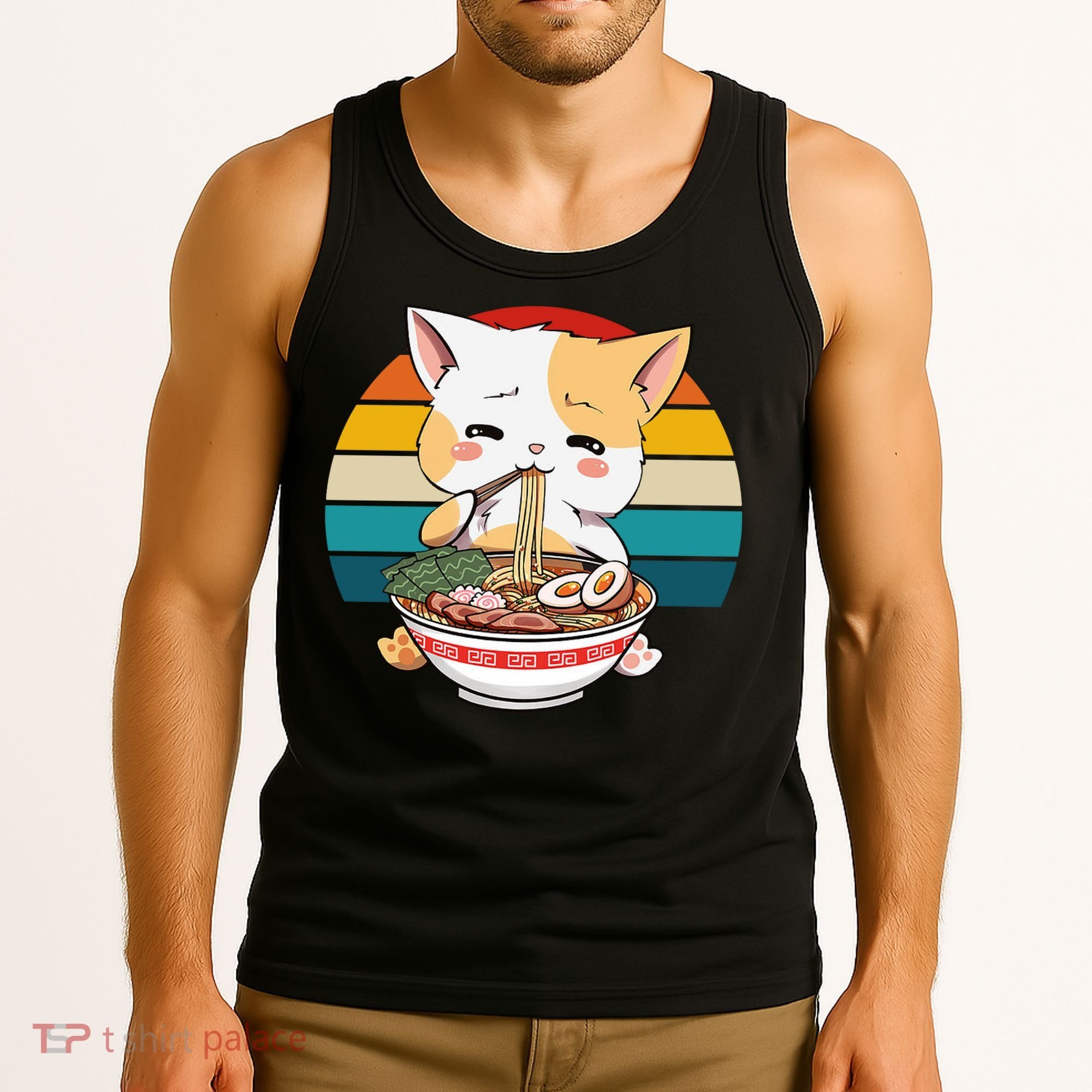 Kawaii Ramen Cat Retro Sunset Tank Top