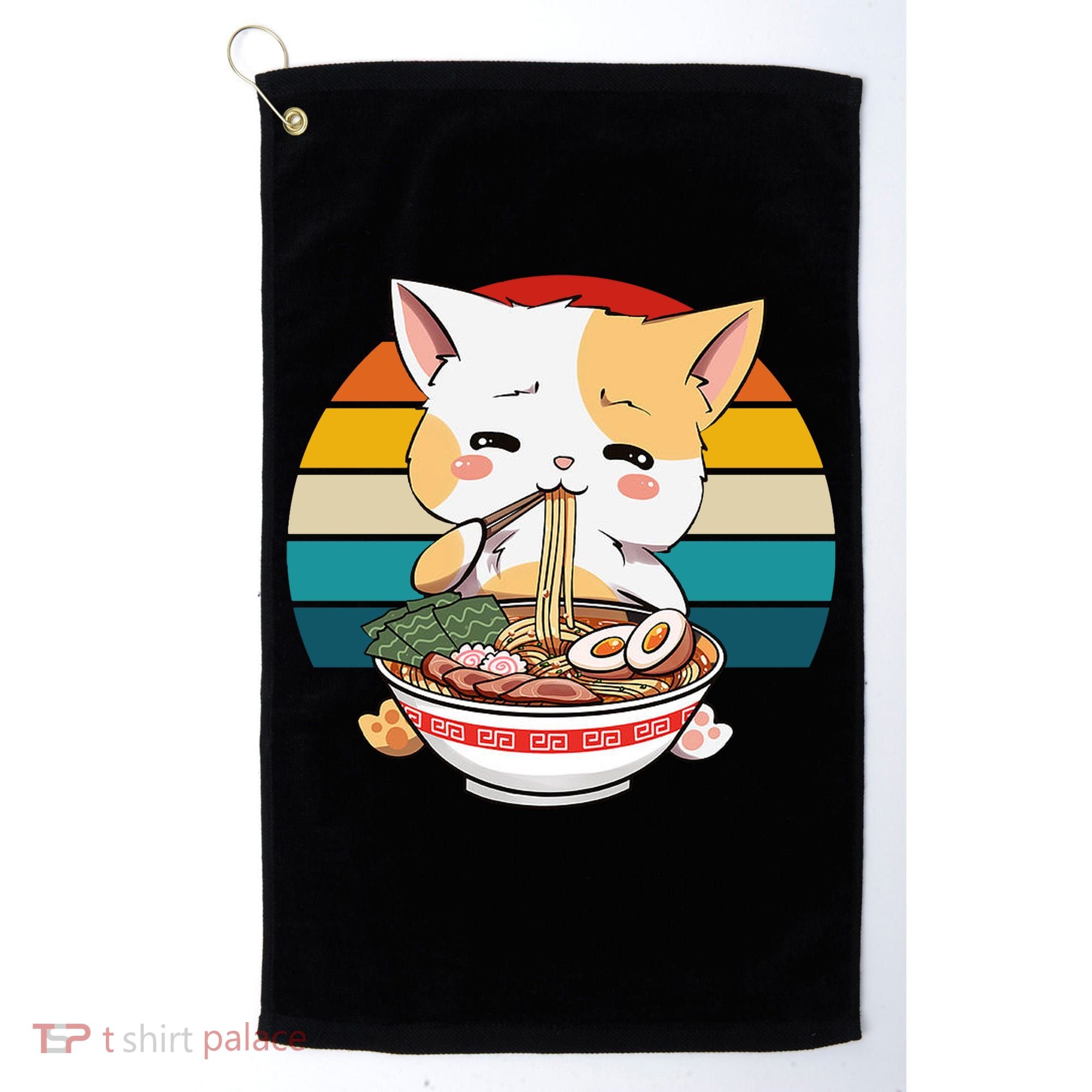 Kawaii Ramen Cat Retro Sunset Golf Towel