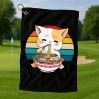 Kawaii Ramen Cat Retro Sunset Golf Towel thumb 1