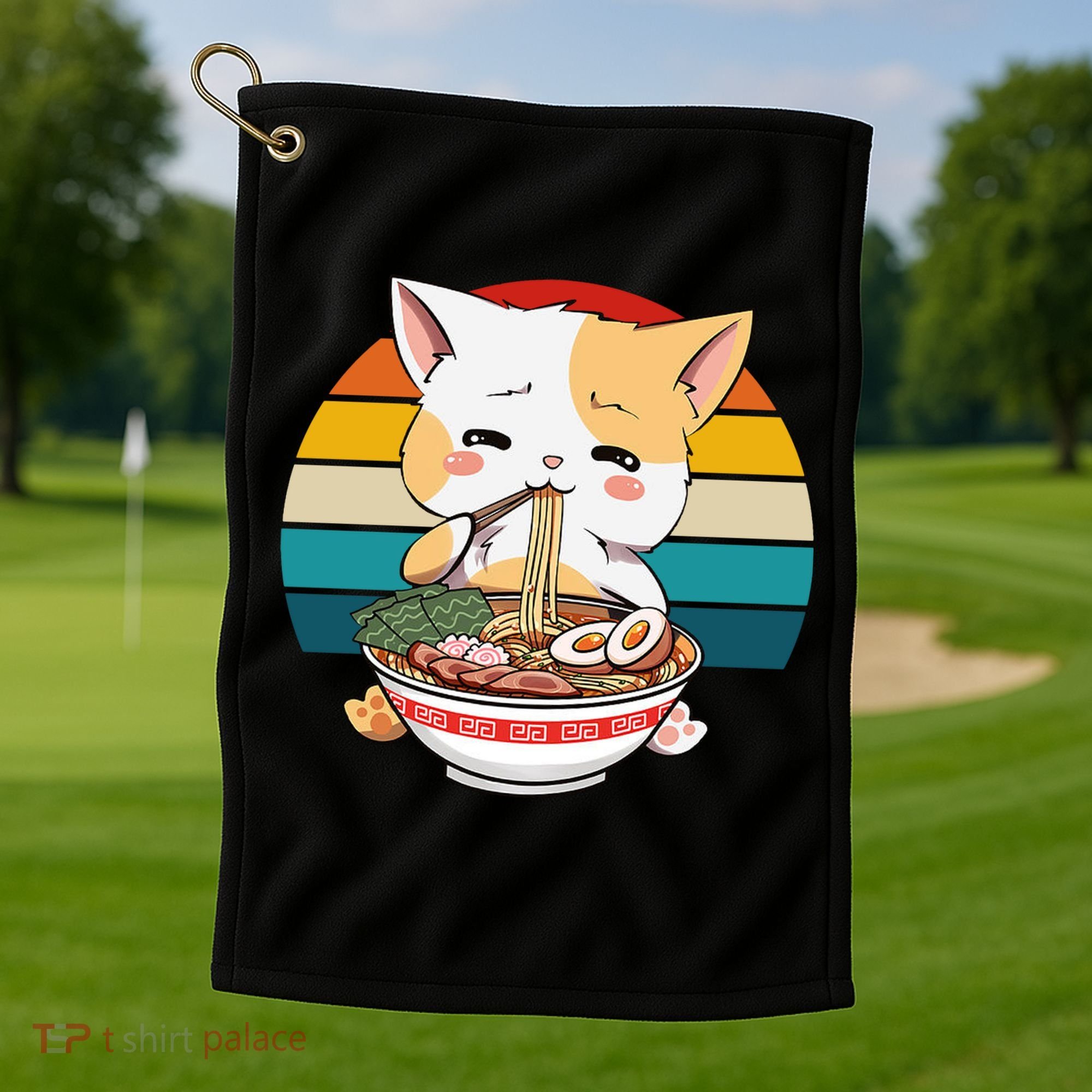Kawaii Ramen Cat Retro Sunset Golf Towel