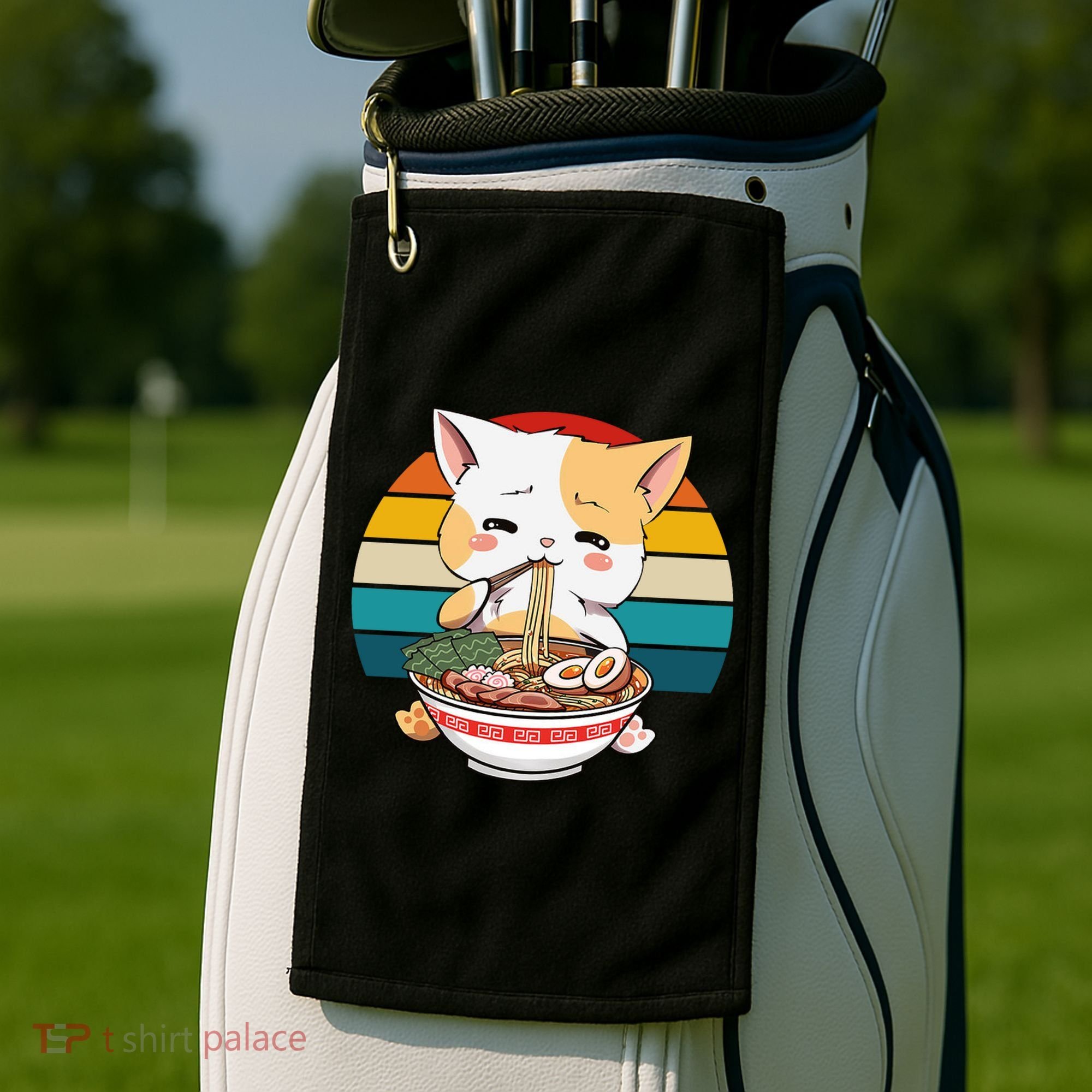 Kawaii Ramen Cat Retro Sunset Golf Towel