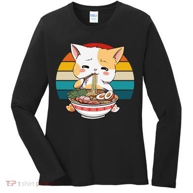 Kawaii Ramen Cat Retro Sunset Women's Long Sleeve Shirt