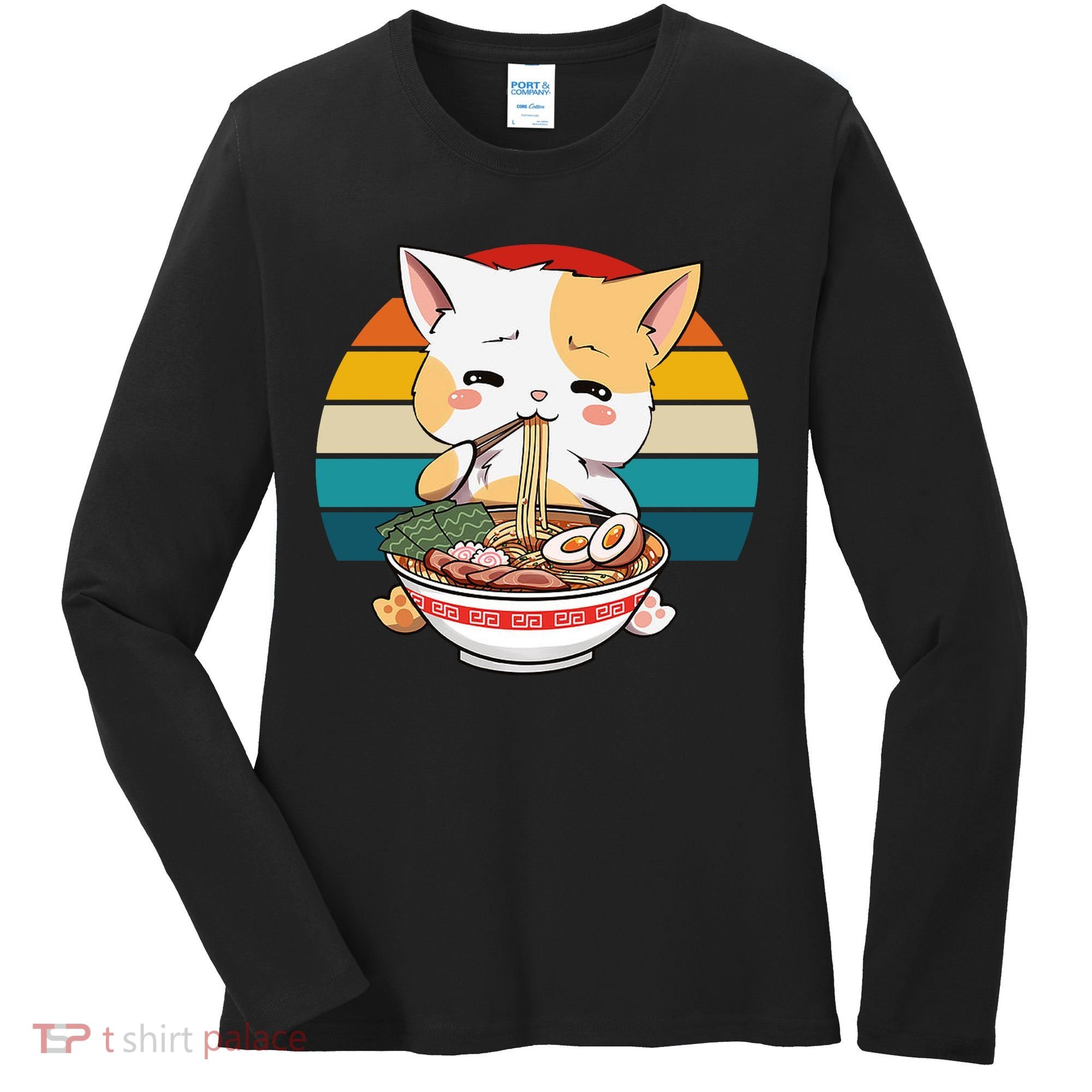 Kawaii Ramen Cat Retro Sunset Women's Long Sleeve Shirt