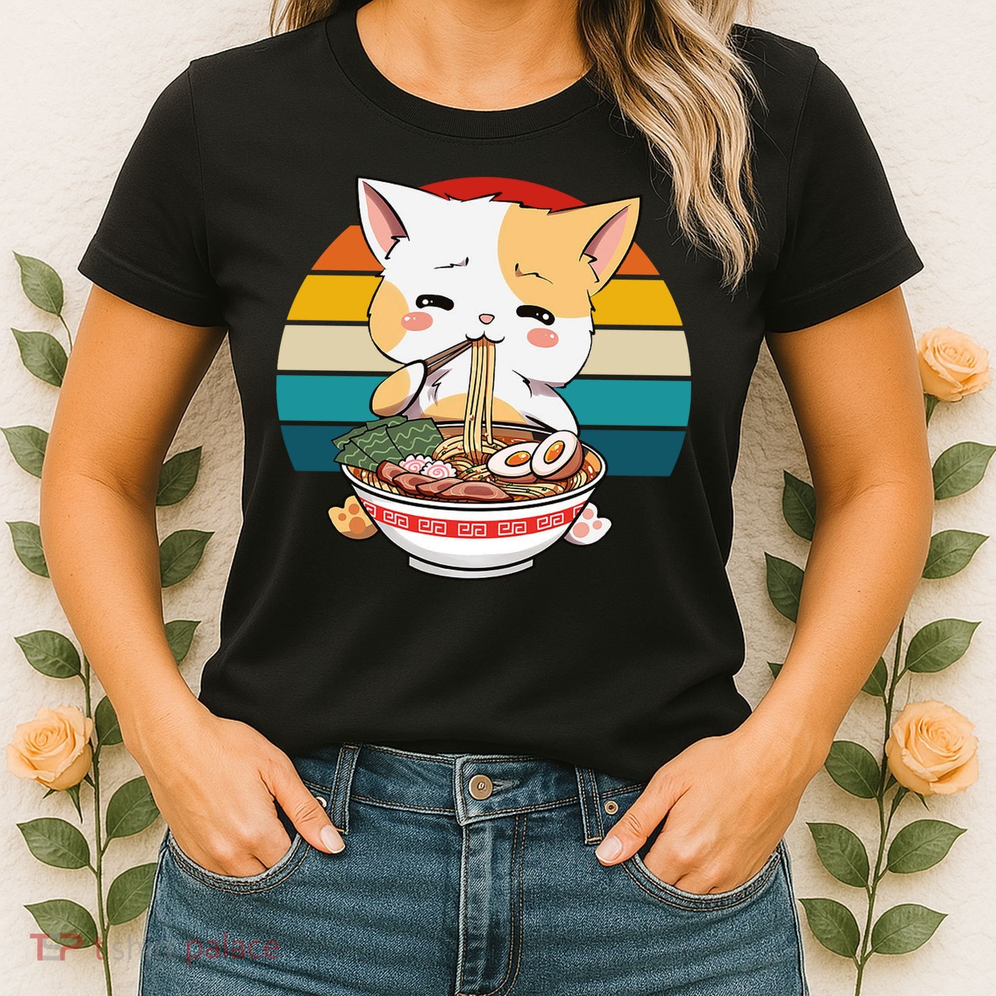 Kawaii Ramen Cat Retro Sunset Women's T-Shirt
