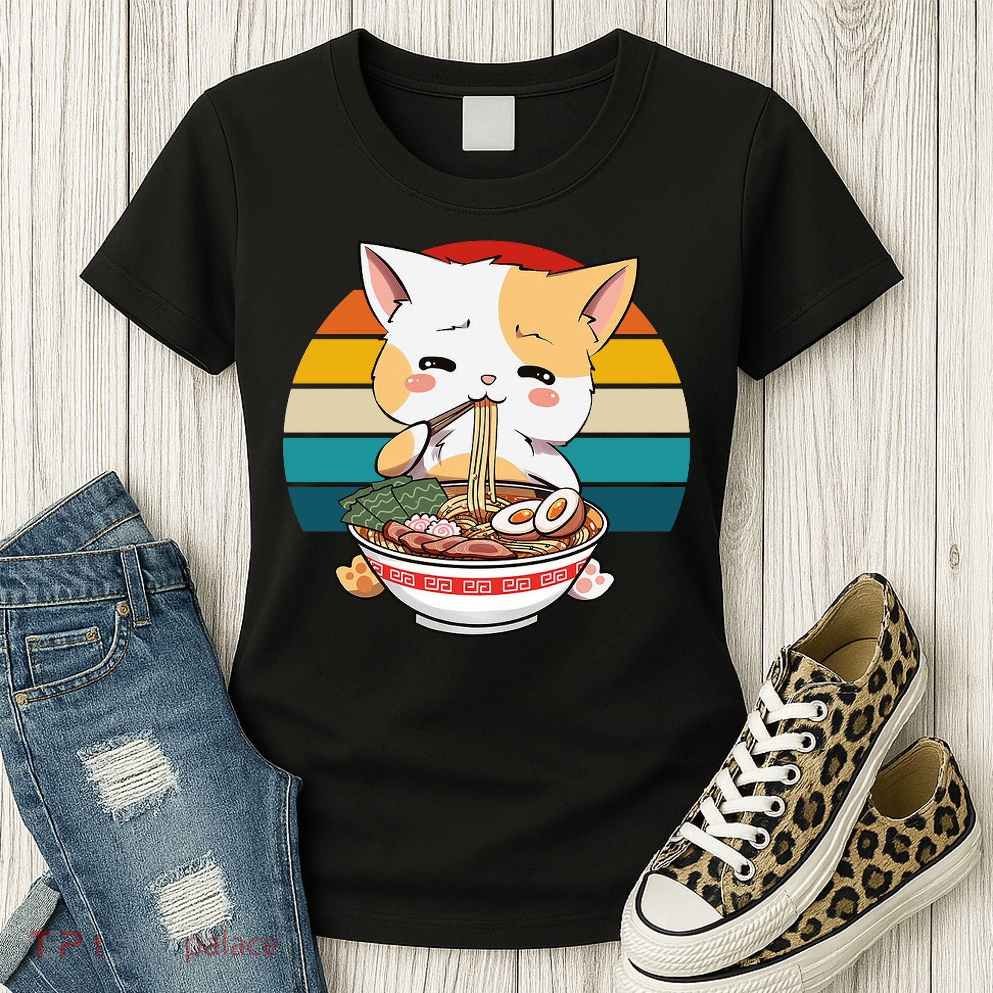 Kawaii Ramen Cat Retro Sunset Women's T-Shirt