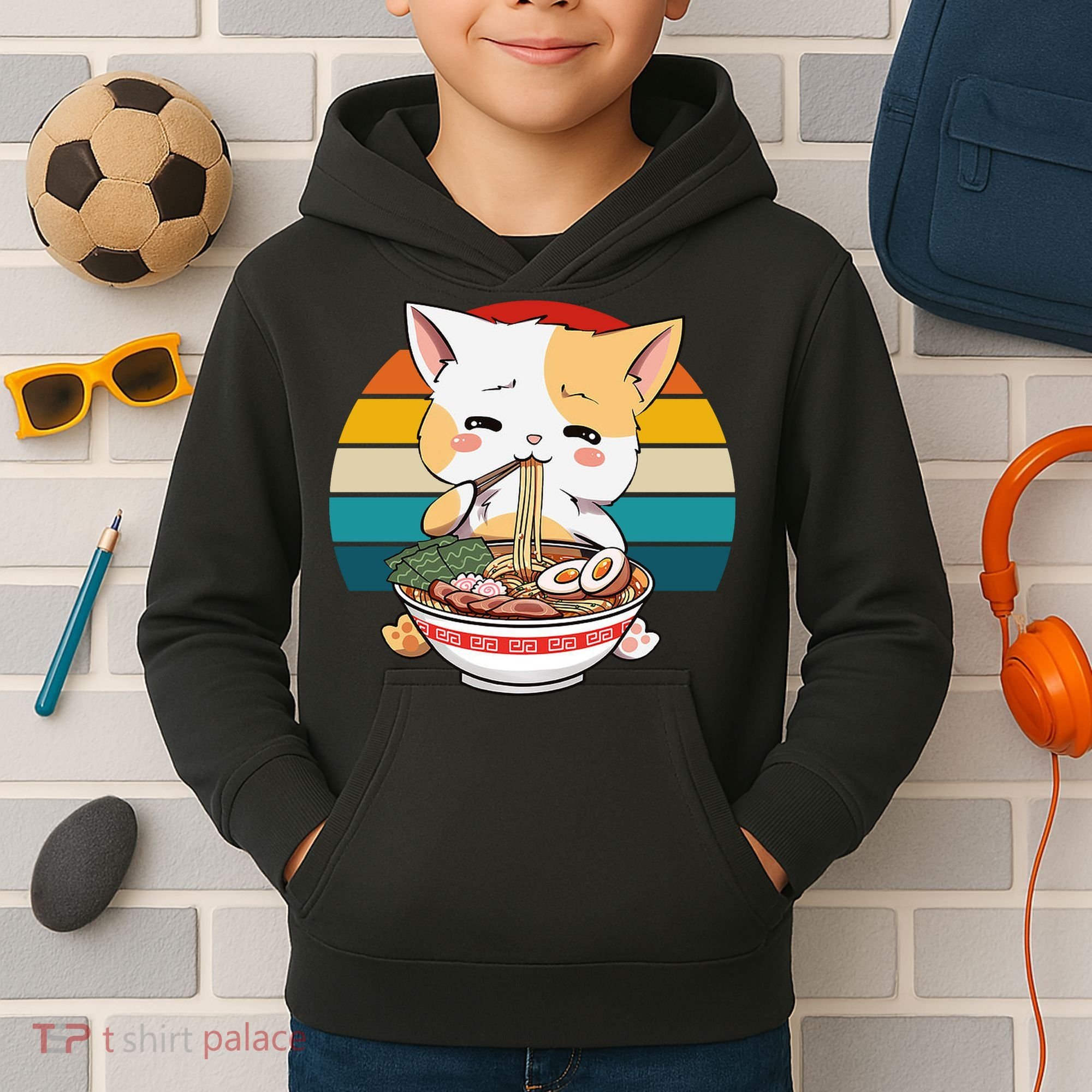 Kawaii Ramen Cat Retro Sunset Kids Hoodie