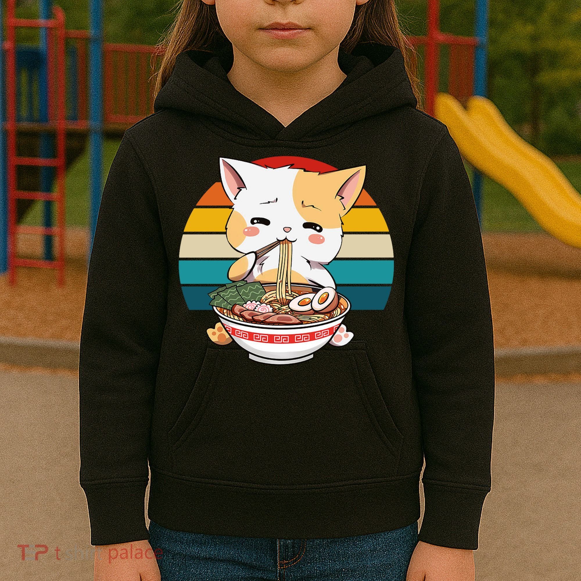 Kawaii Ramen Cat Retro Sunset Kids Hoodie