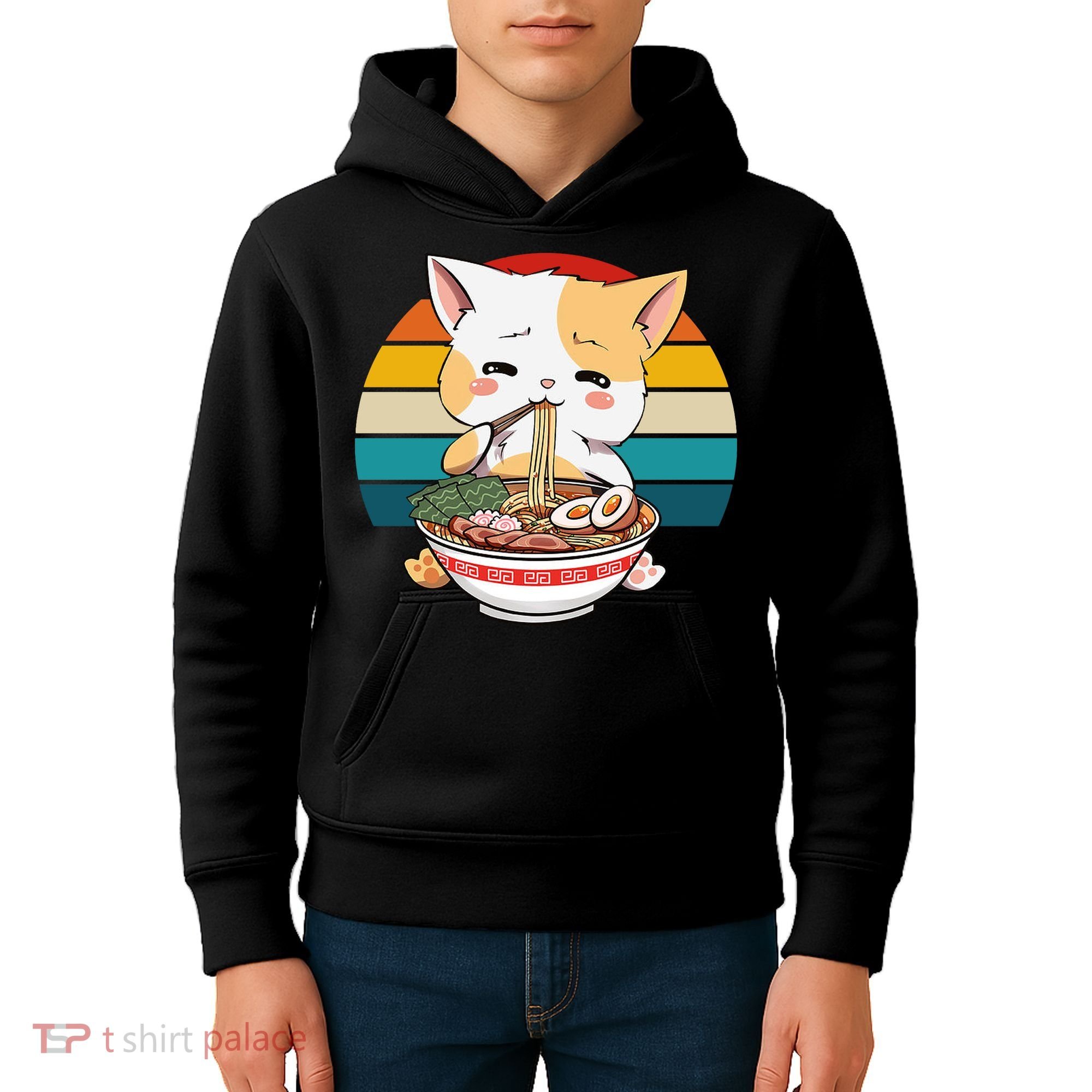 Kawaii Ramen Cat Retro Sunset Kids Hoodie