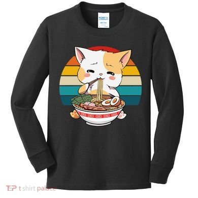 Kawaii Ramen Cat Retro Sunset Kids Long Sleeve Shirt