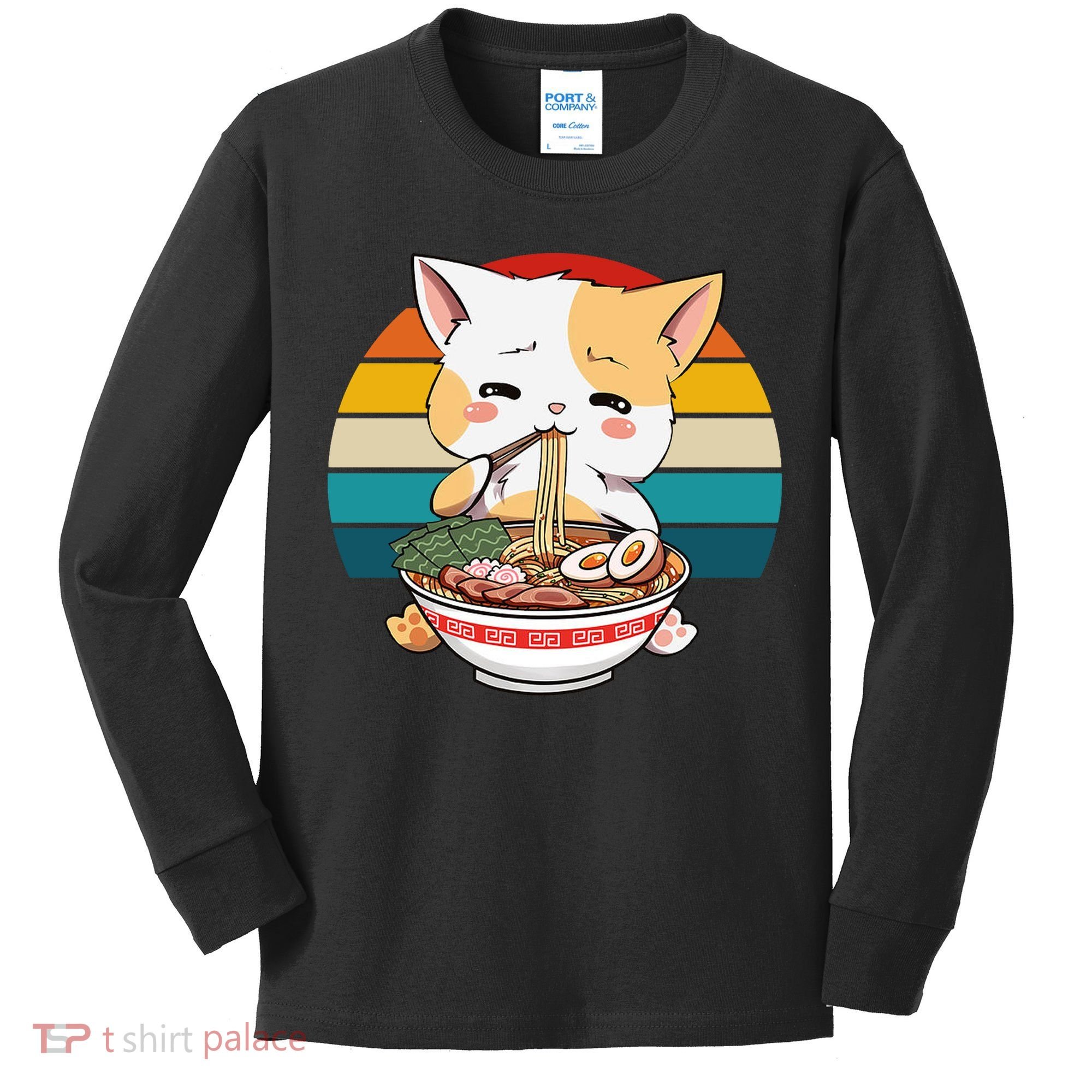 Kawaii Ramen Cat Retro Sunset Kids Long Sleeve Shirt