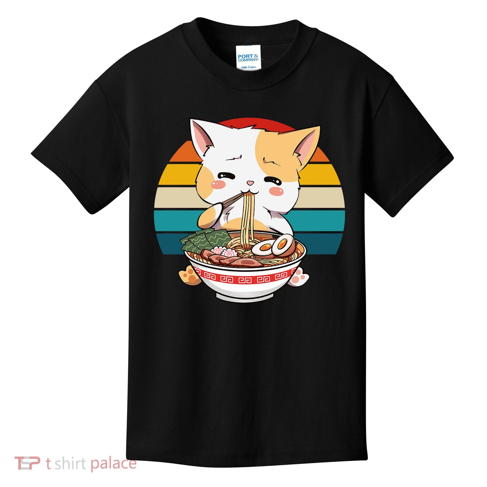 Kawaii Ramen Cat Retro Sunset Kids T-Shirt