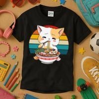 Kawaii Ramen Cat Retro Sunset Kids T-Shirt thumb 3