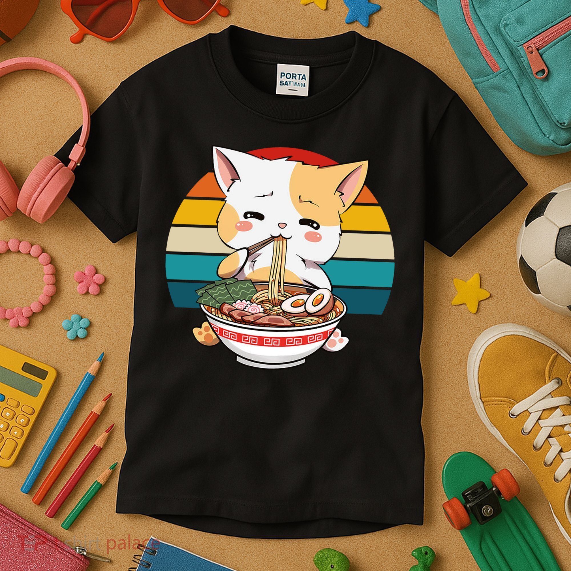 Kawaii Ramen Cat Retro Sunset Kids T-Shirt