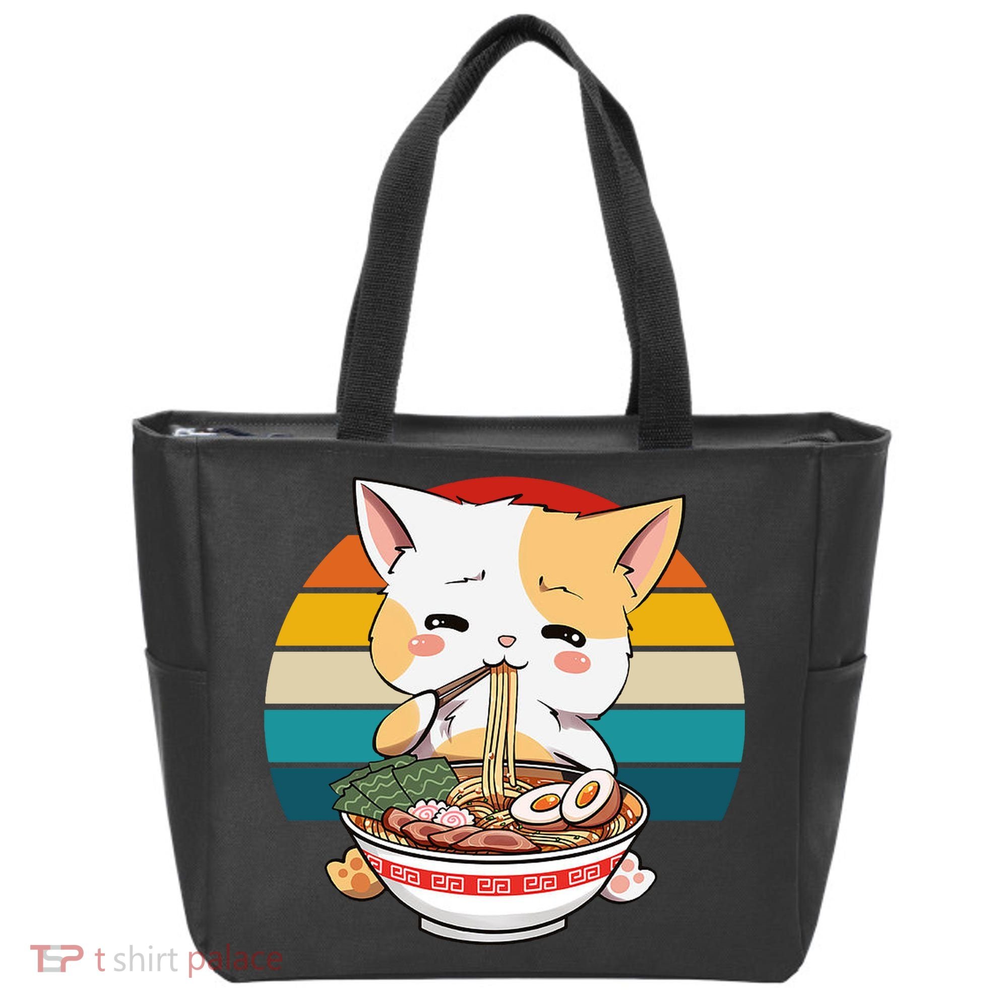 Kawaii Ramen Cat Retro Sunset Tote Bag