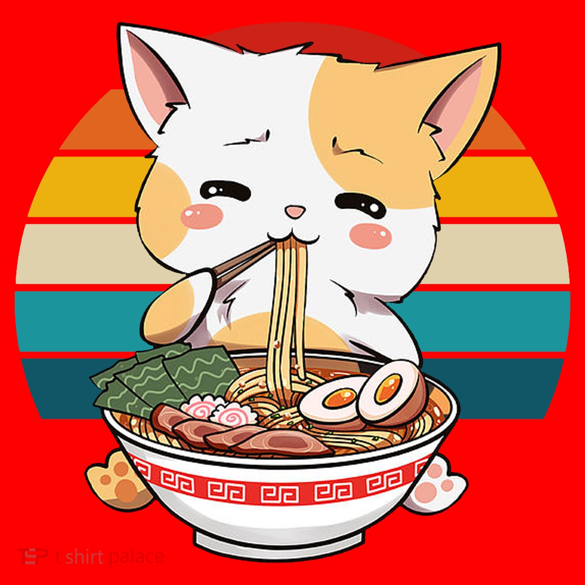 Kawaii Ramen Cat Retro Sunset Santa Hat