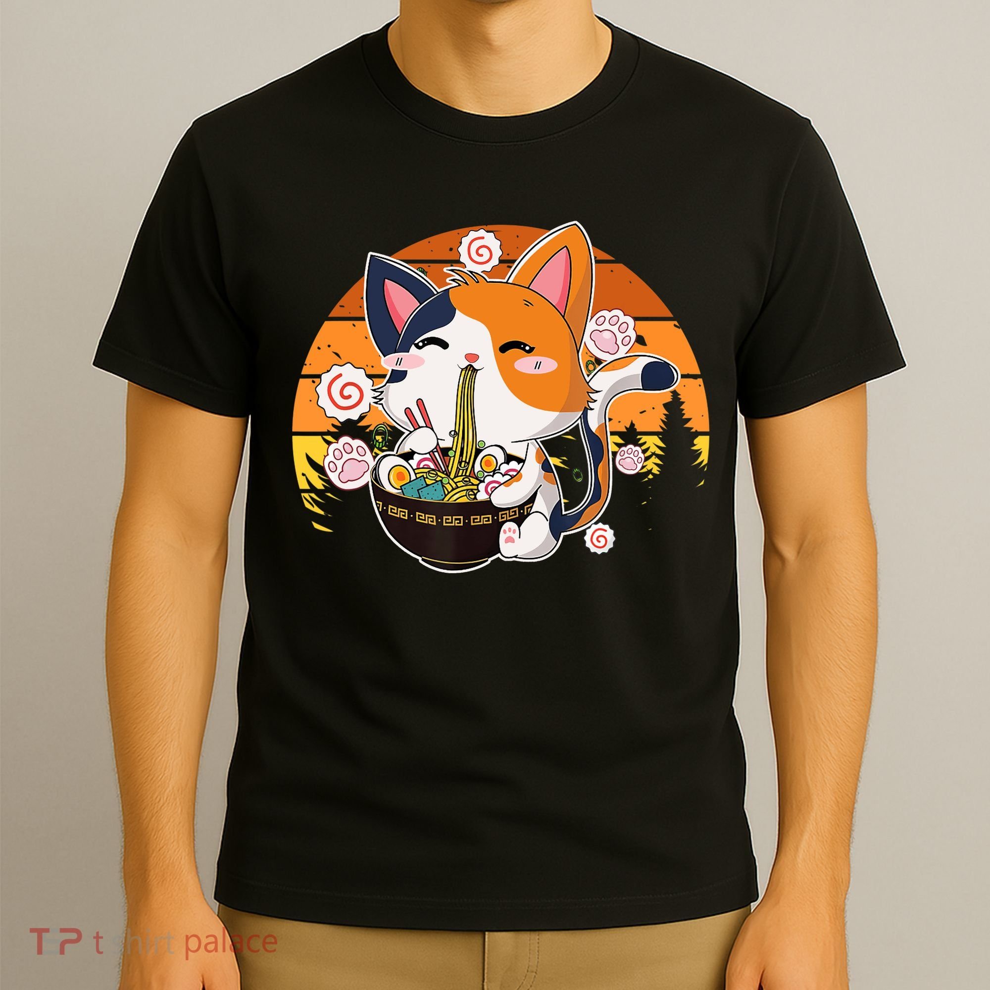 Kawaii Ra Cat Anime Japanese Neko Noodle Funny Vintage T-Shirt