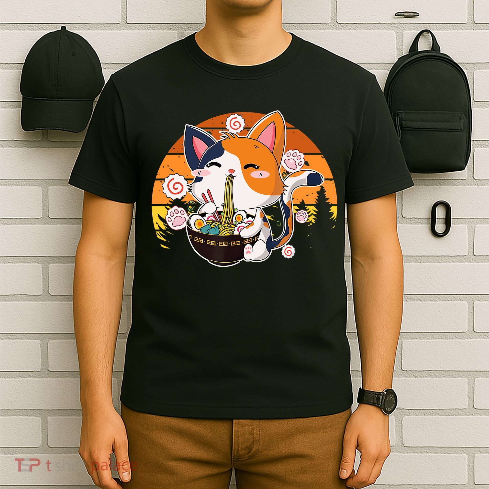 Kawaii Ra Cat Anime Japanese Neko Noodle Funny Vintage T-Shirt