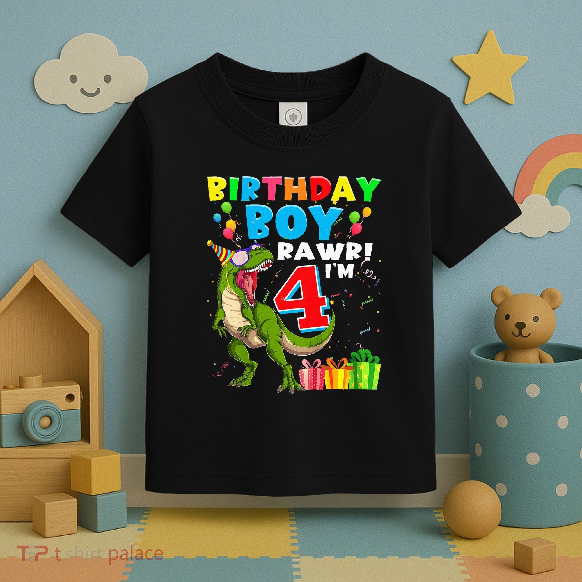 Kids Rawr Im 4 4th Birthday Boy T Rex Dinosaur 4 Years Old Gift Toddler T-Shirt