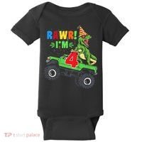 Kid Rawr Im 4 Dinosaur T Rex Monster Truck 4th Birthday boy Baby Bodysuit thumb 0