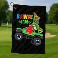 Kid Rawr Im 4 Dinosaur T Rex Monster Truck 4th Birthday boy Golf Towel thumb 1