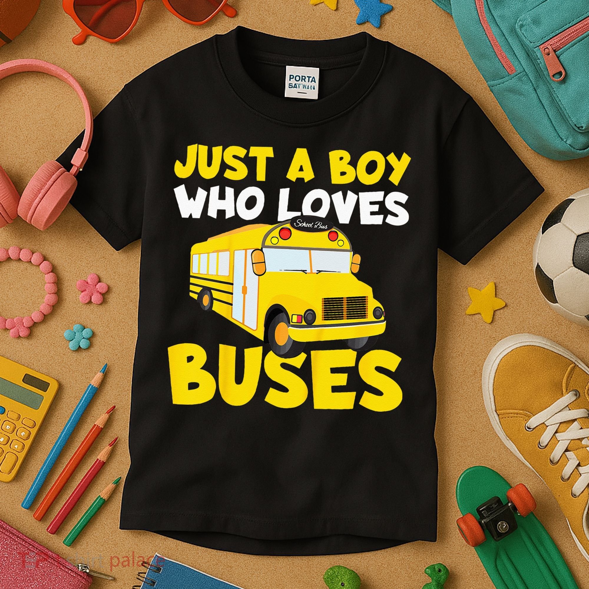 Kids School Bus Costume Just A Boy Who Loves Buses Kids T-Shirt