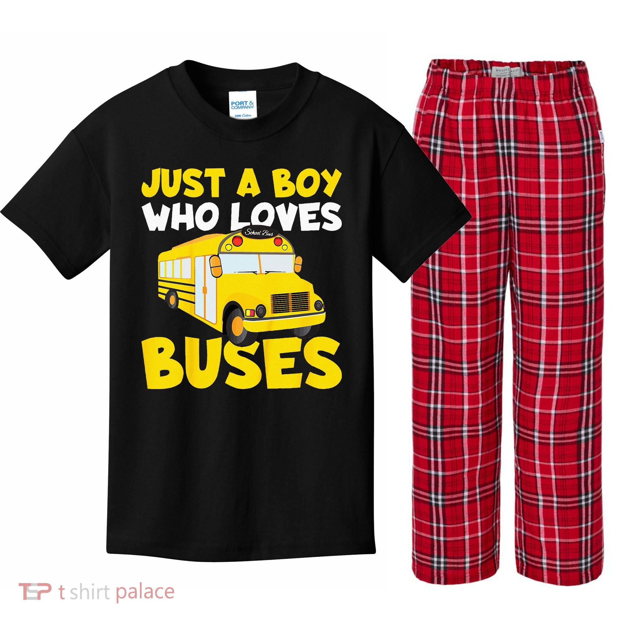 Kids School Bus Costume Just A Boy Who Loves Buses Kids Plaid Pajama Set
