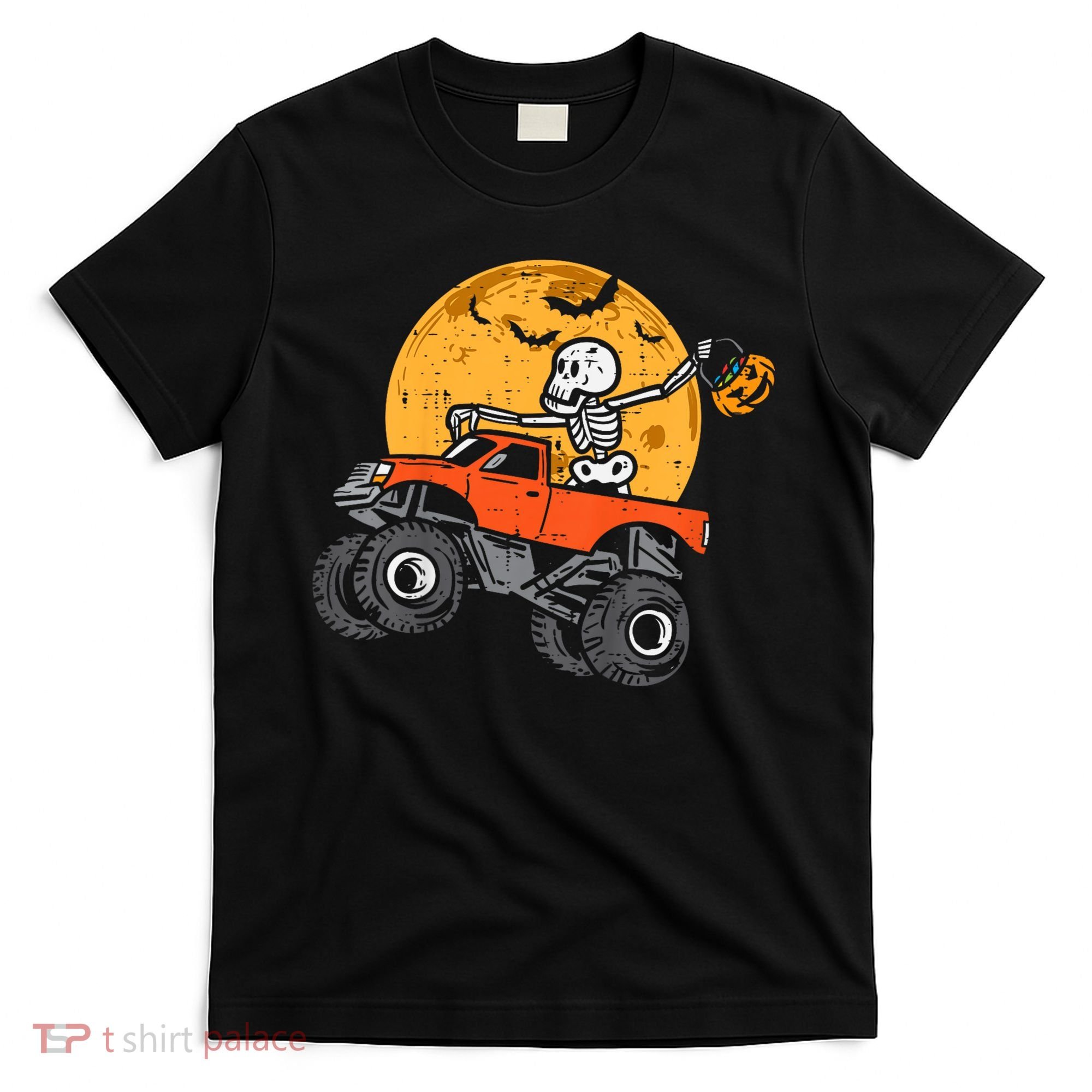 Kids Skeleton Monster Truck Moon Candy Toddler Boys Halloween Kid T-Shirt