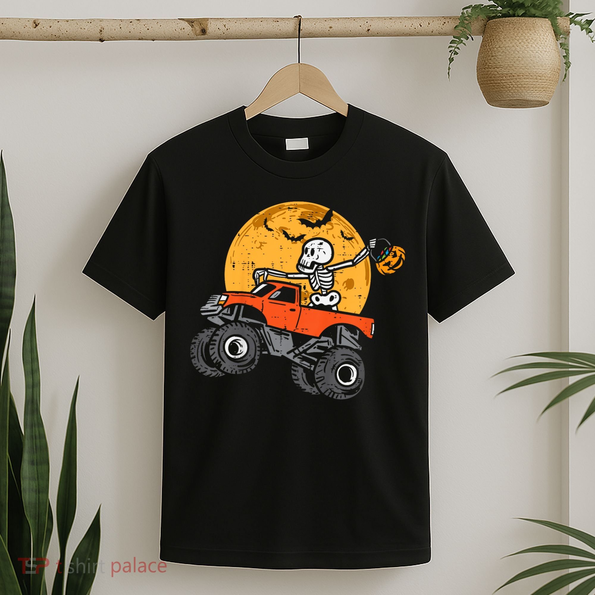 Kids Skeleton Monster Truck Moon Candy Toddler Boys Halloween Kid T-Shirt