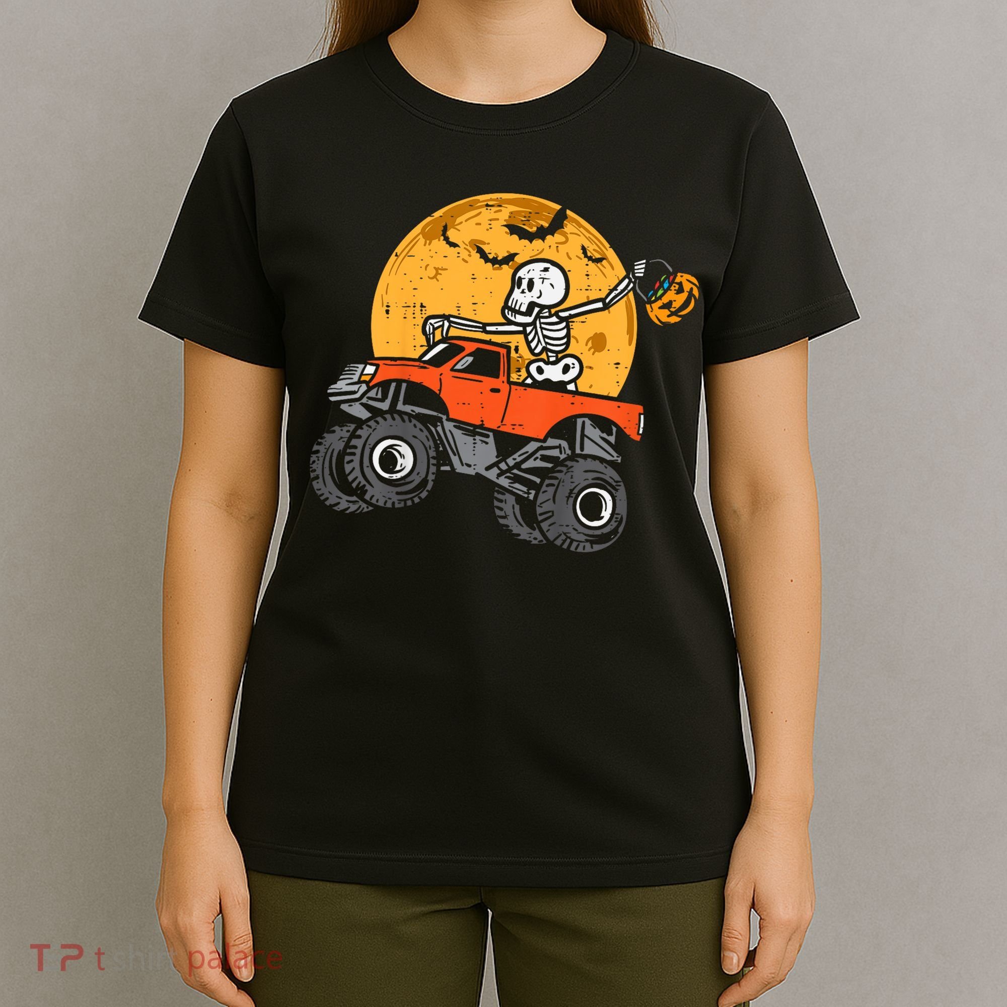 Kids Skeleton Monster Truck Moon Candy Toddler Boys Halloween Kid T-Shirt