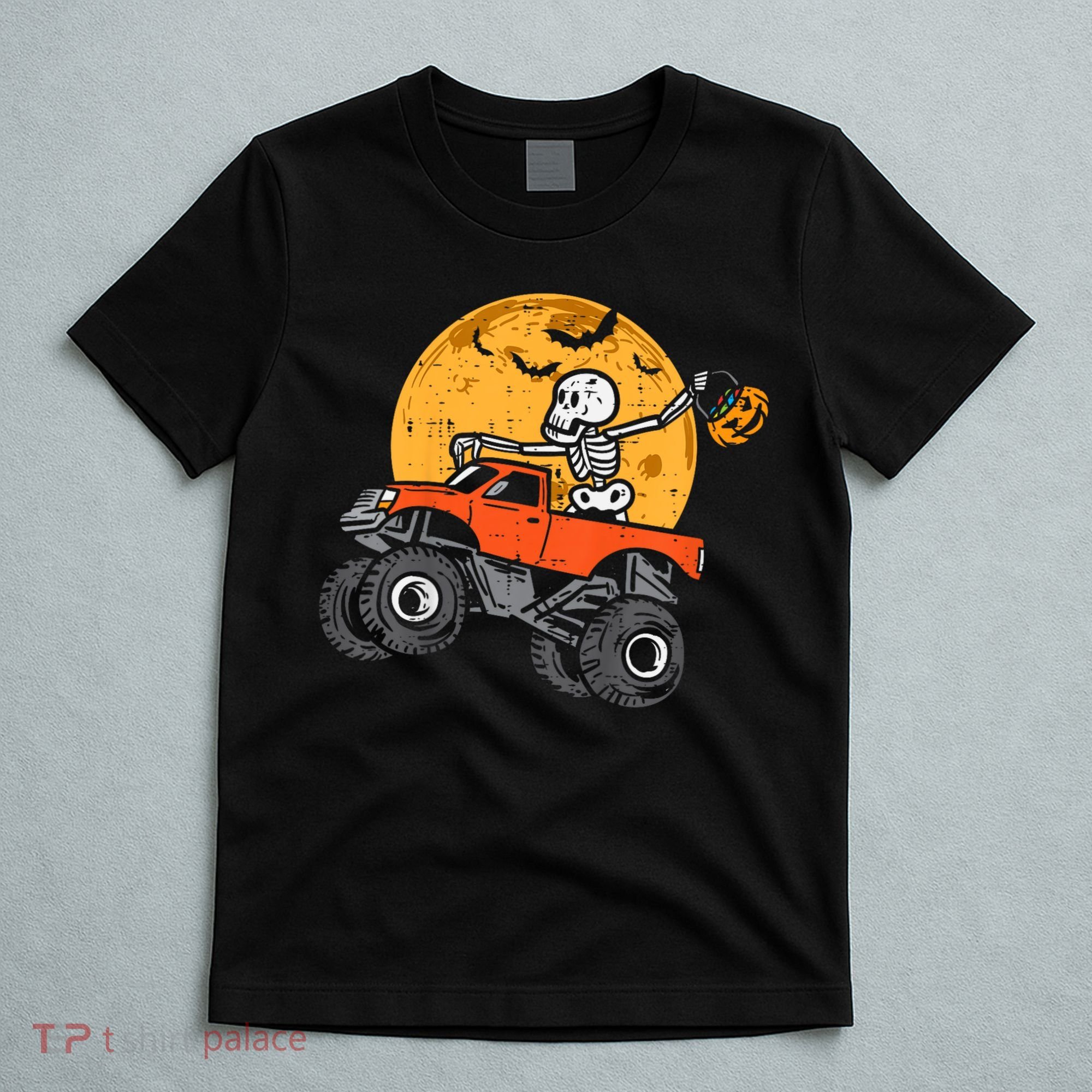 Kids Skeleton Monster Truck Moon Candy Toddler Boys Halloween Kid T-Shirt