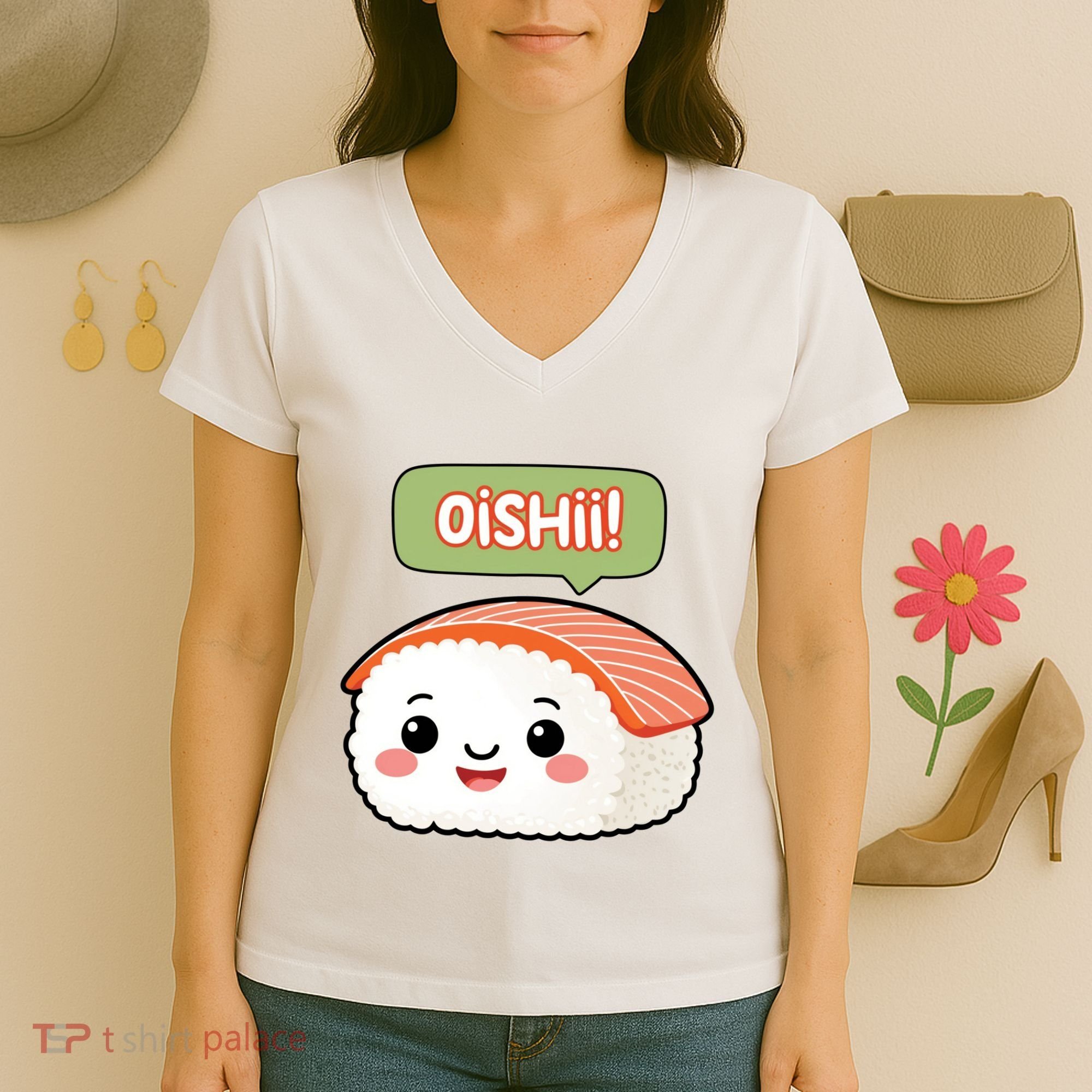 Kawaii Sushi Oishii! Cute Food Illustration Women's V-Neck T-Shirt