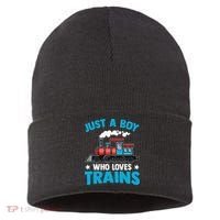 Kids Train Birthday Just A Boy Who Loves Trains Sustainable Knit Beanie thumb 0