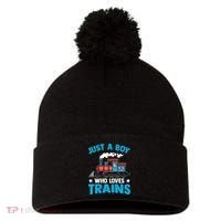 Kids Train Birthday Just A Boy Who Loves Trains Pom Pom 12in Knit Beanie thumb 0