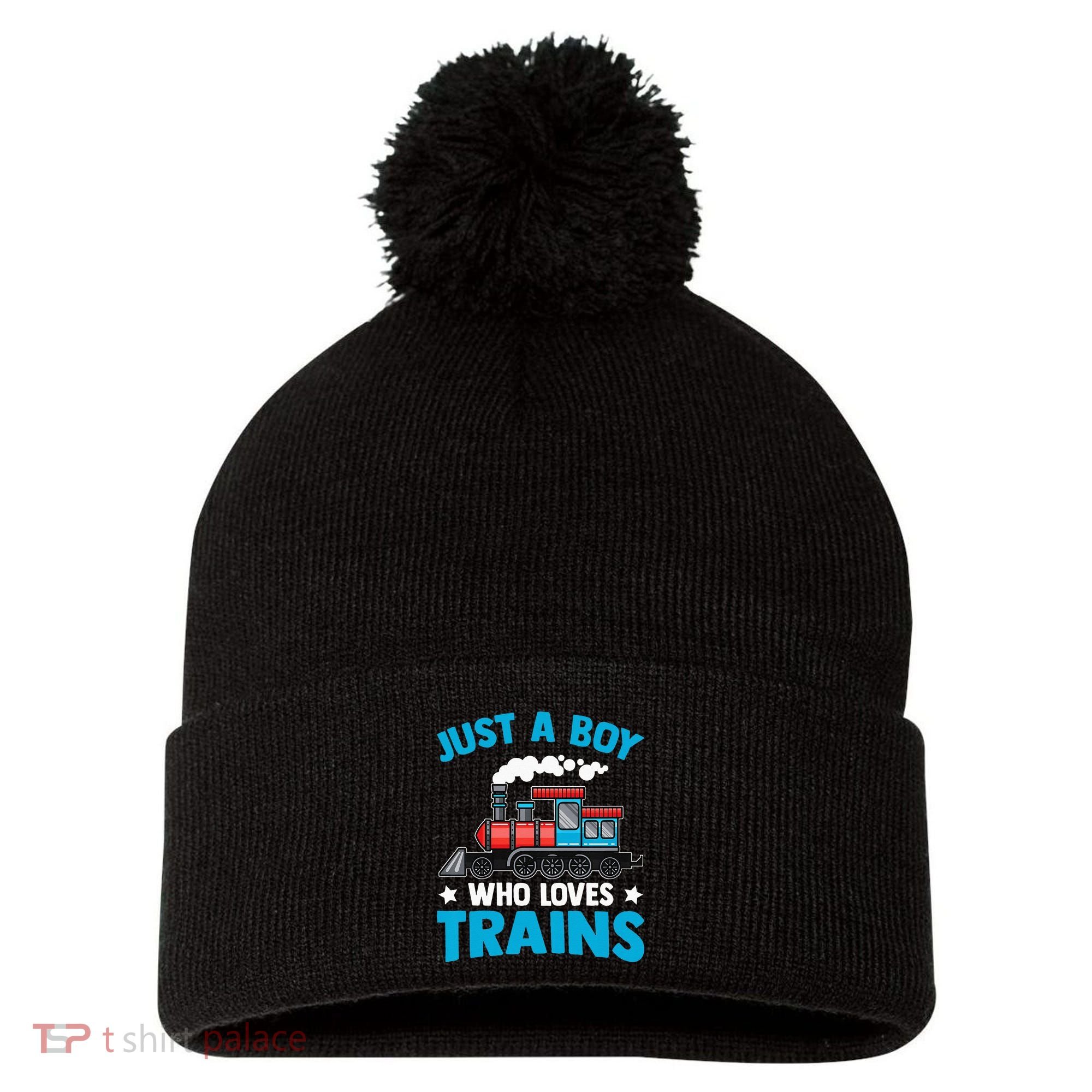Kids Train Birthday Just A Boy Who Loves Trains Pom Pom 12in Knit Beanie