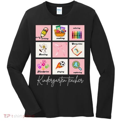 Kindergarten Teacher Grid Watercolor Coquette Bow Women's Long Sleeve Shirt