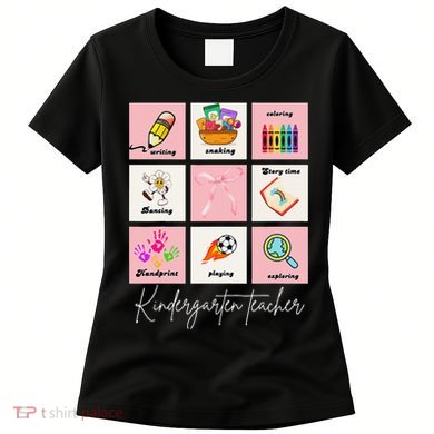 Kindergarten Teacher Grid Watercolor Coquette Bow Women's T-Shirt