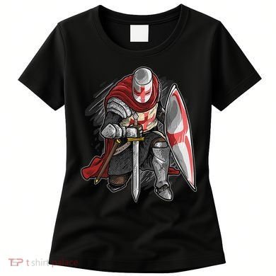 Kneeling Templar Knight Temple Cross Medieval Crusador  Women's T-Shirt