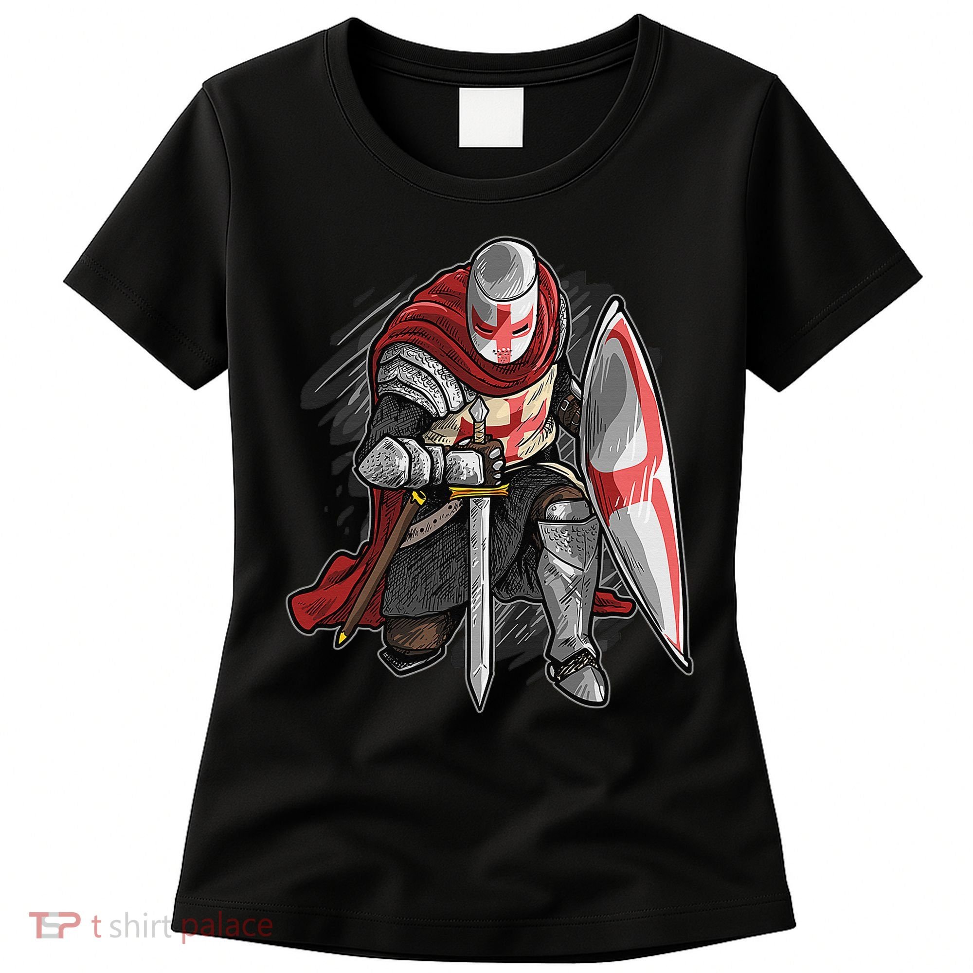 Kneeling Templar Knight Temple Cross Medieval Crusador  Women's T-Shirt