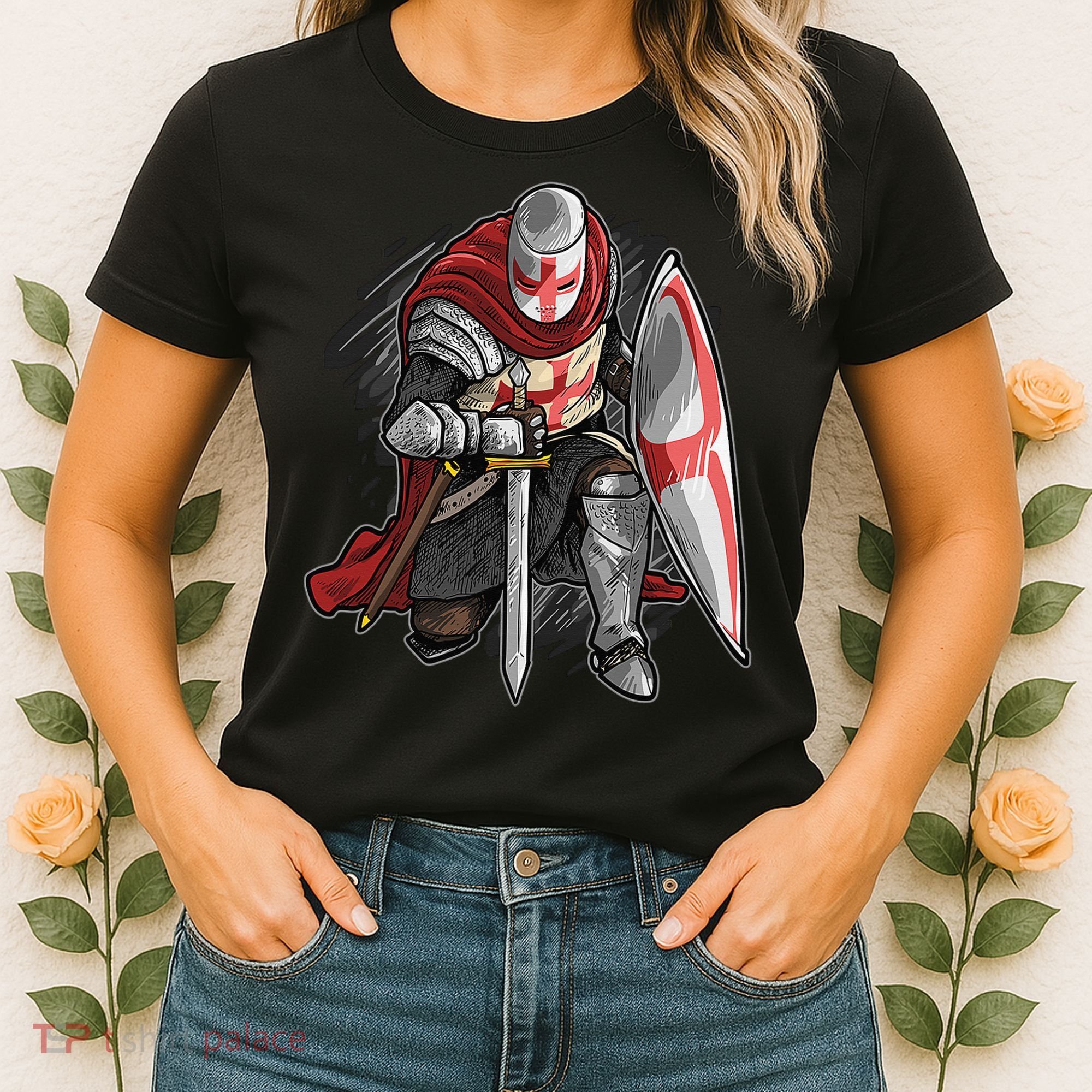 Kneeling Templar Knight Temple Cross Medieval Crusador  Women's T-Shirt