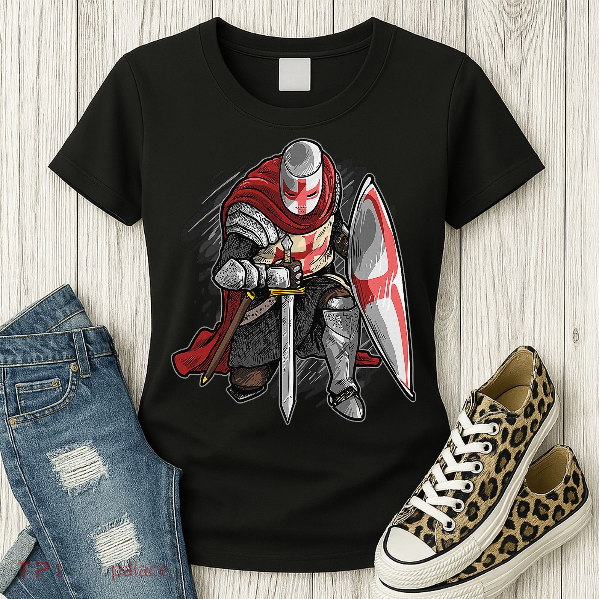Kneeling Templar Knight Temple Cross Medieval Crusador  Women's T-Shirt