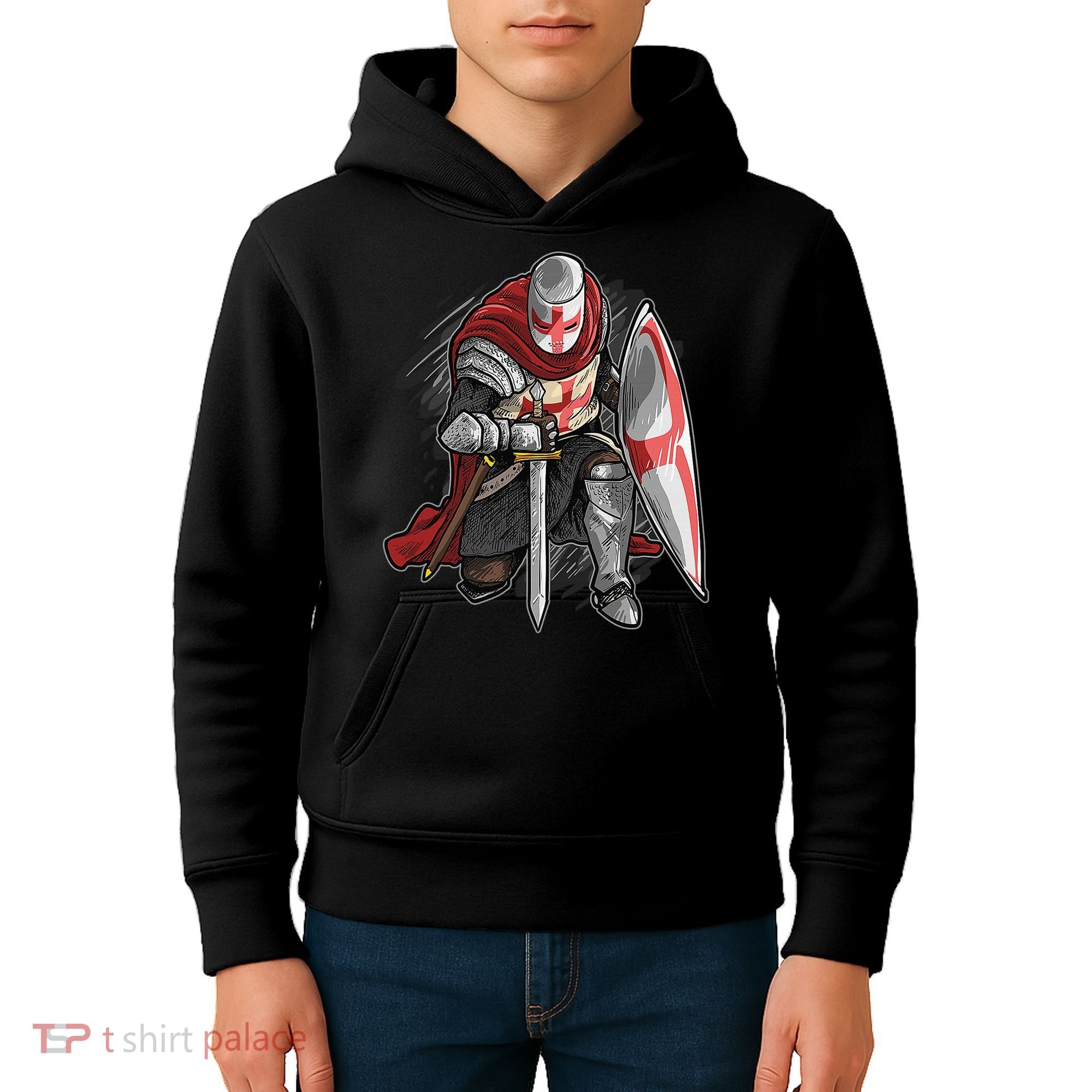 Kneeling Templar Knight Temple Cross Medieval Crusador  Kids Hoodie