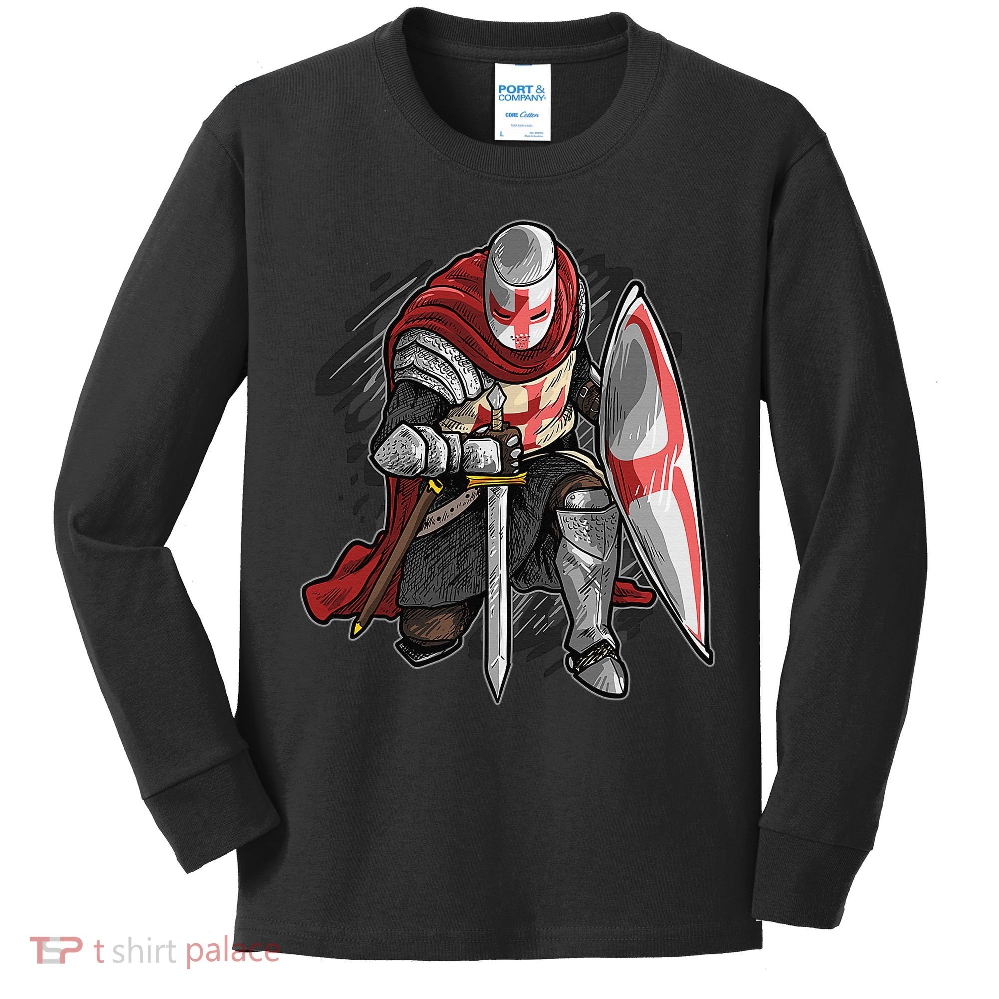 Kneeling Templar Knight Temple Cross Medieval Crusador  Kids Long Sleeve Shirt