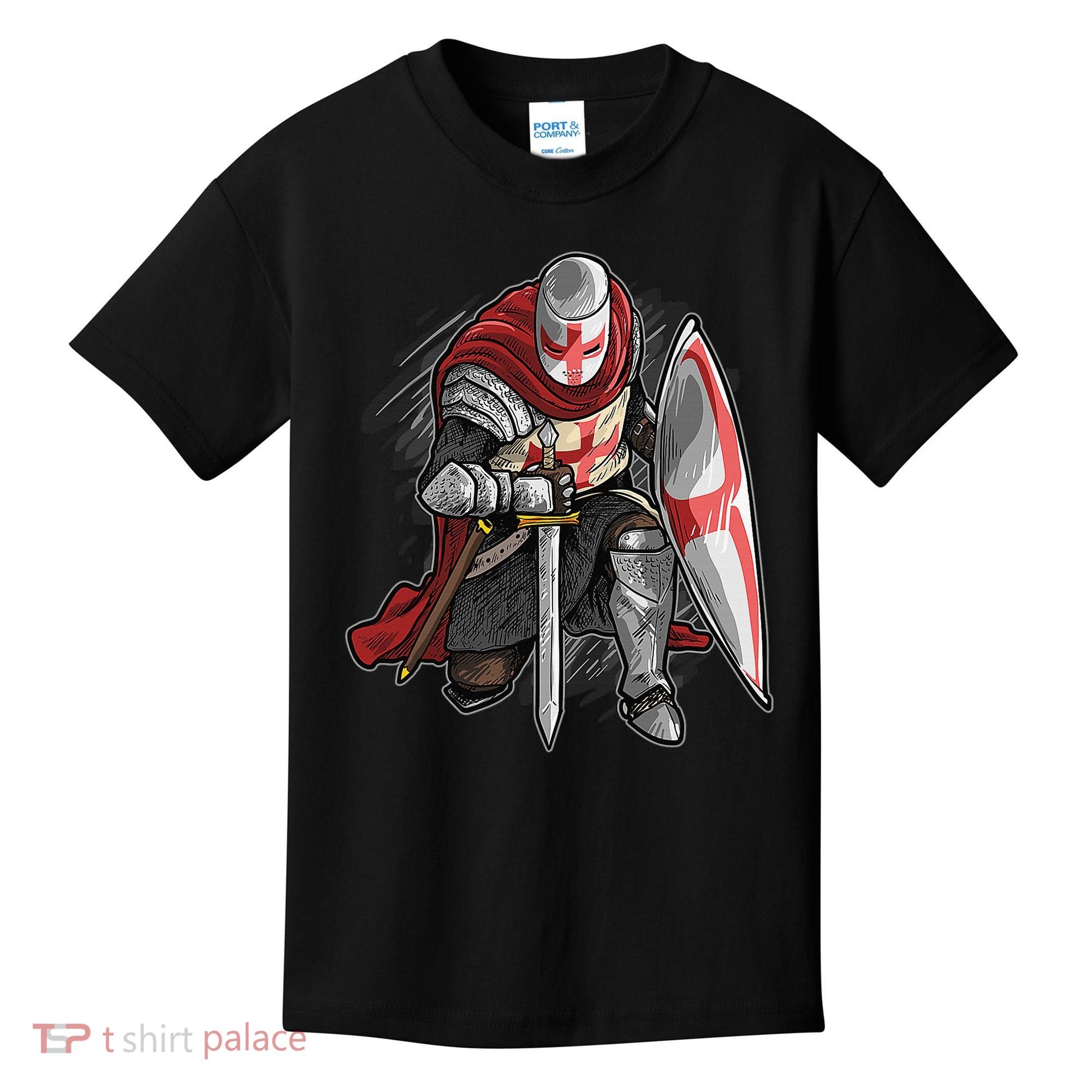 Kneeling Templar Knight Temple Cross Medieval Crusador  Kids T-Shirt
